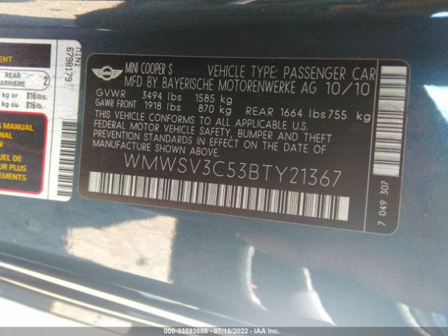 WMWSV3C53BTY21367 Mini Cooper Hardtop S