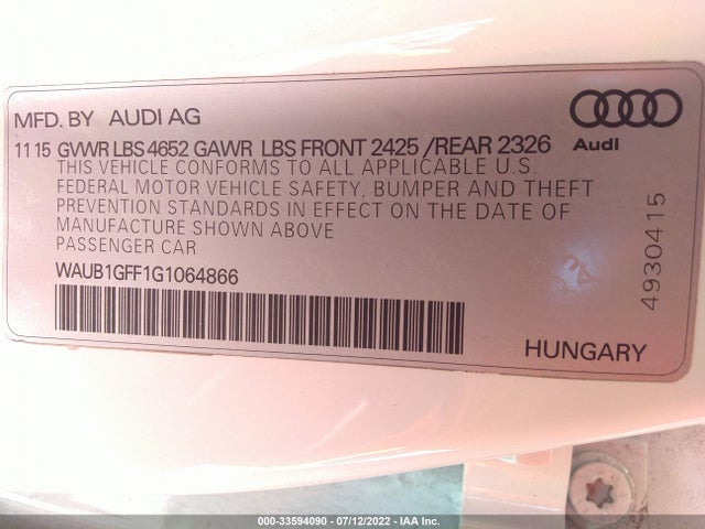 2016 Audi S3, VIN: WAUB1GFF1G1064866