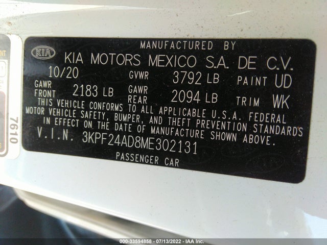 2021 KIA FORTE LXS VIN: 3KPF24AD8ME302131