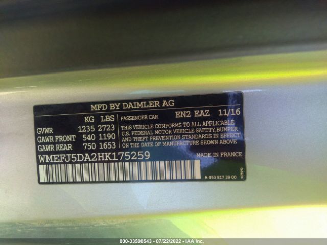 WMEFJ5DA2HK175259 Smart Fortwo Pure/passion/prime/proxy