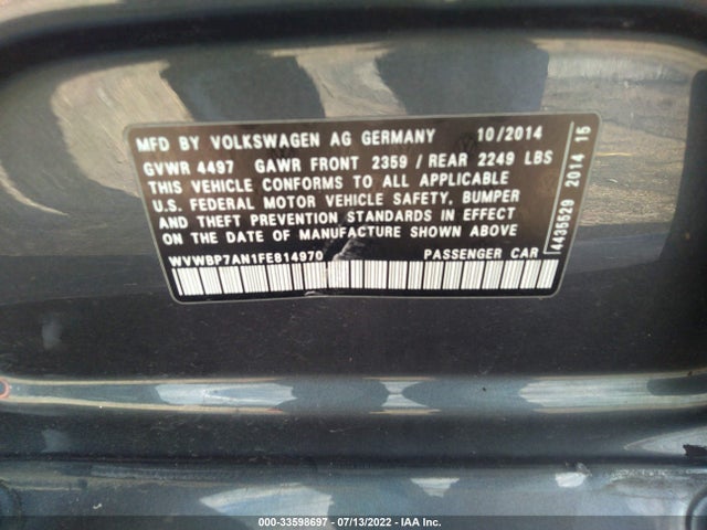 2015 Volkswagen CC, VIN: WVWBP7AN1FE814970