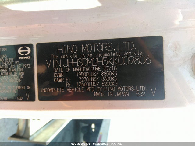 2019 HINO 195 VIN: JHHSDM2H5KK009806