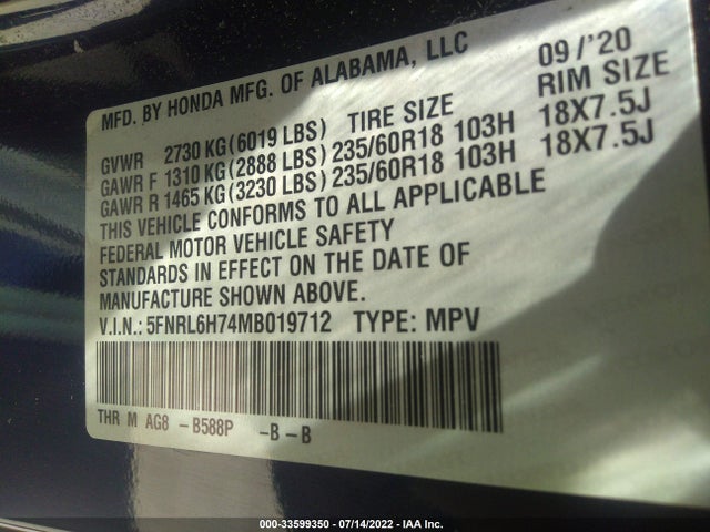 Honda Odyssey Ex-l 2021 5FNRL6H74MB019712 Image 9