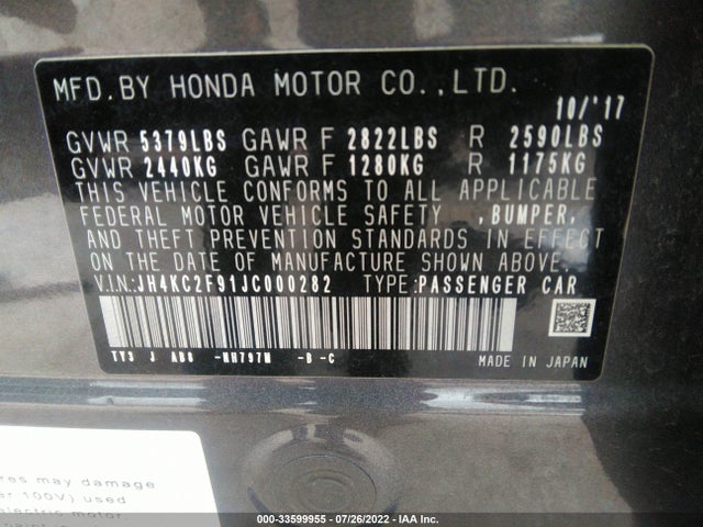 2018 Acura RLX, VIN: JH4KC2F91JC000282
