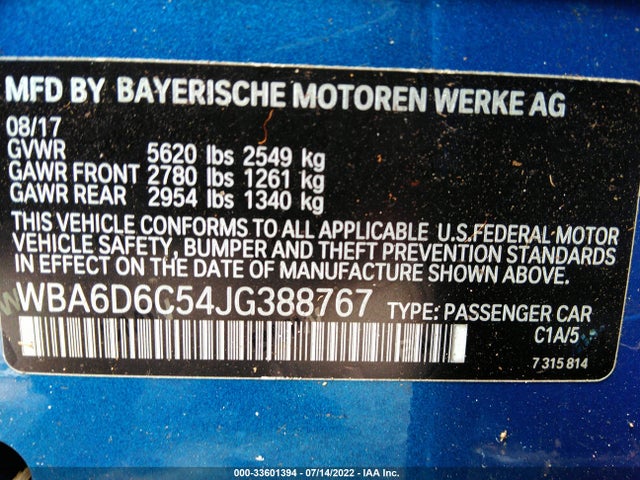2018 BMW 6 Series, VIN: WBA6D6C54JG388767