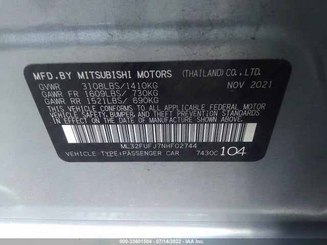 2022 Mitsubishi Mirage, VIN: ML32FUFJ7NHF02744