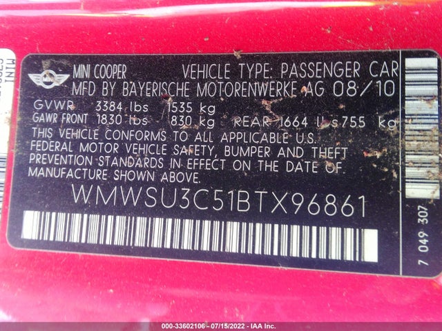 2011 MINI COOPER WMWSU3C51BTX96861 Photo 8