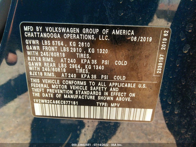 2019 VOLKSWAGEN ATLAS 3.6L V6 SE W/TECHNOLOGY VIN: 1V2WR2CA8KC577181