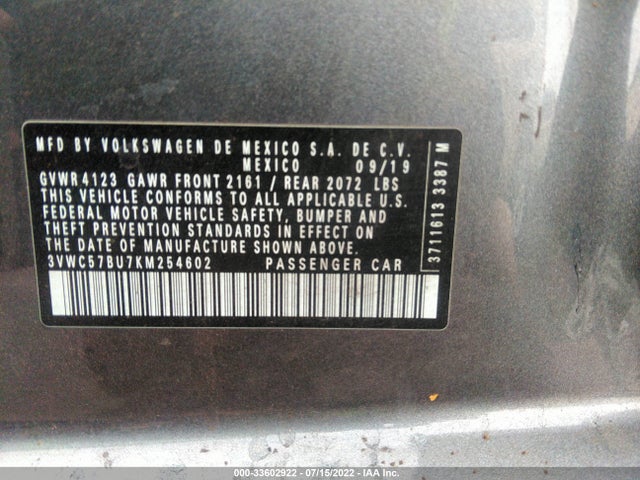 3VWC57BU7KM254602 Volkswagen Jetta S/se/r-line
