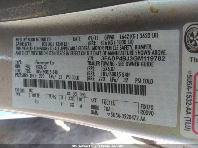 2016 Ford Fiesta, VIN: 3FADP4BJ3GM119782