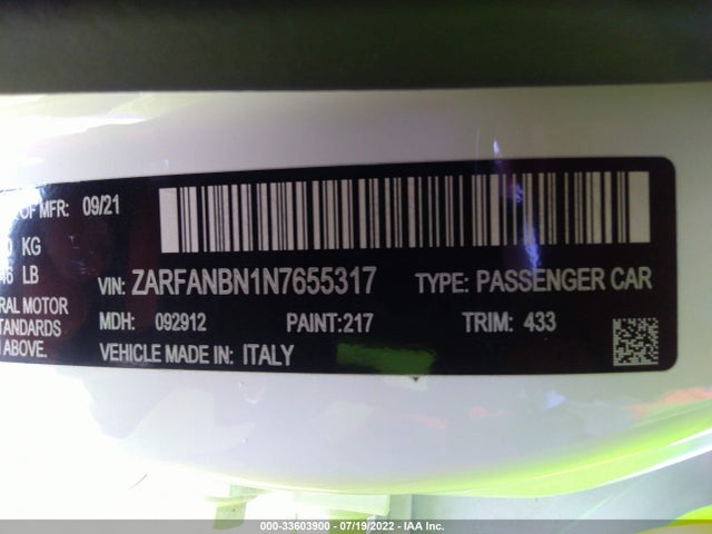 2022 Alfa Romeo Giulia, VIN: ZARFANBN1N7655317