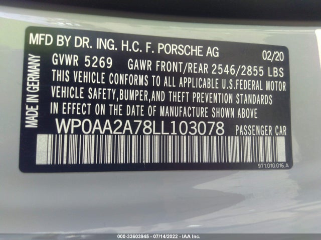 2020 Porsche Panamera, VIN: WP0AA2A78LL103078