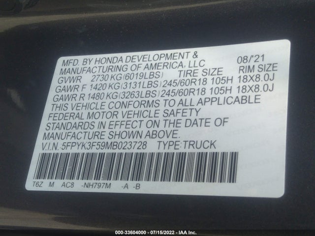 2021 Honda Ridgeline, VIN: 5FPYK3F59MB023728