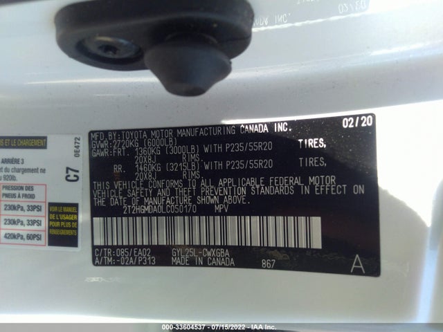 2020 Lexus RX, VIN: 2T2HGMDA0LC050170