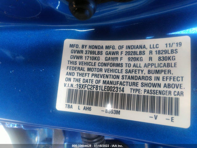 2020 HONDA CIVIC SEDAN SPORT VIN: 19XFC2F81LE002314