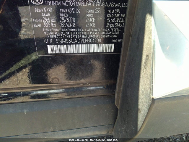 2020 Hyundai Santa Fe, VIN: 5NMS3CAD9LH304208