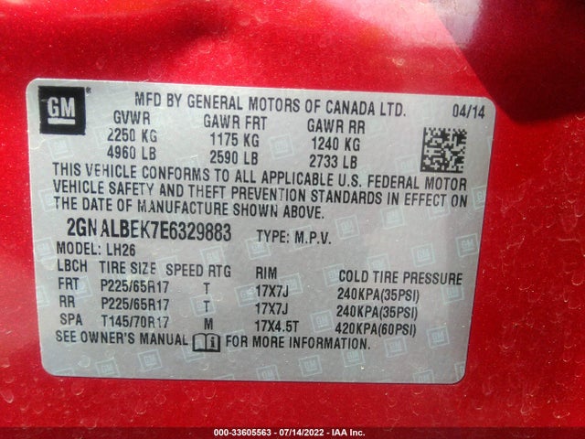 Chevrolet EQUINOX LT 2014 2GNALBEK7E6329883 Image 10