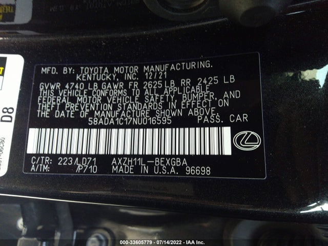 2022 Lexus ES, VIN: 58ADA1C17NU016595