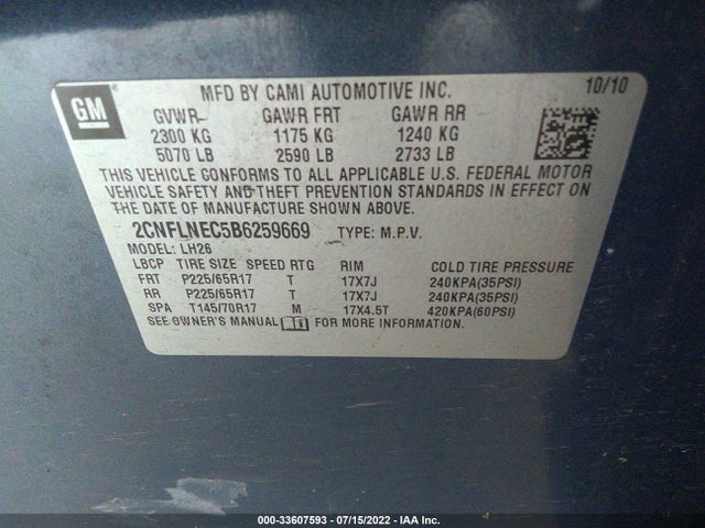 2011 CHEVROLET EQUINOX LT W/2LT VIN: 2CNFLNEC5B6259669