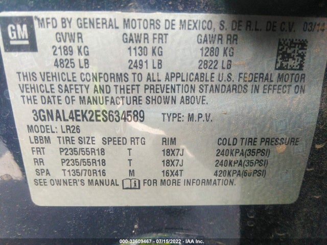 2014 Chevrolet Captiva Sport, VIN: 3GNAL4EK2ES634589