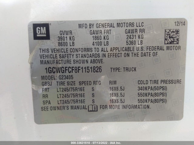 2015 Chevrolet Express, VIN: 1GCWGFCF8F1151826