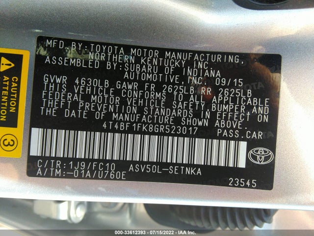 2016 TOYOTA CAMRY XLE/SE/LE/XSE VIN: 4T4BF1FK8GR523017