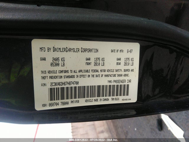 2007 CHRYSLER 300 C VIN: 2C3KA63H67H874700