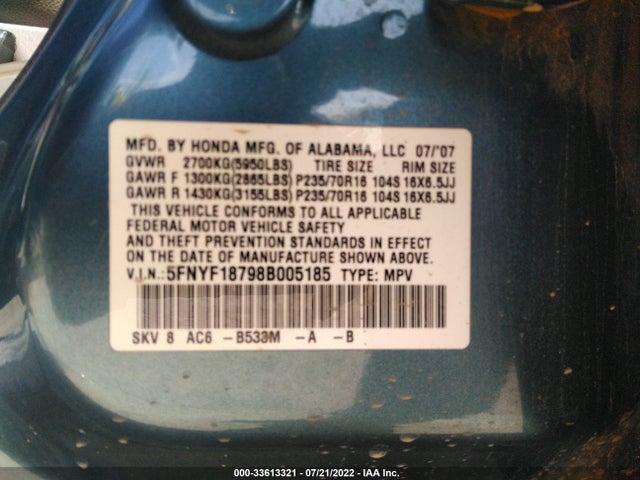2008 HONDA PILOT EX-L VIN: 5FNYF18798B005185