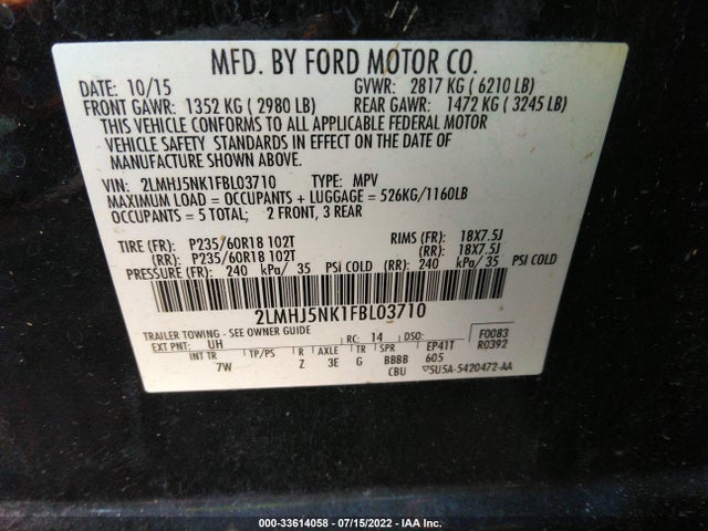 2015 Lincoln MKT, VIN: 2LMHJ5NK1FBL03710