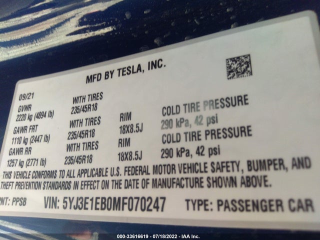 Tesla MODEL 3 2021 5YJ3E1EB0MF070247 Image 9