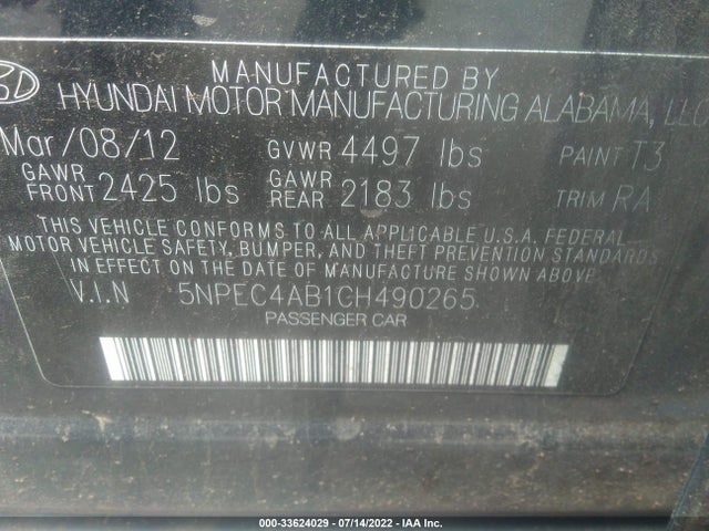 2012 HYUNDAI SONATA 2.0T LIMITED VIN: 5NPEC4AB1CH490265