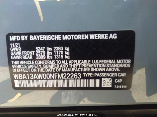 2022 BMW 4 Series, VIN: WBA13AW00NFM22263