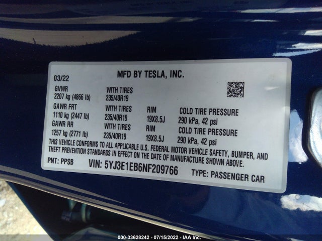 Tesla Model 3 Long Range 2022 5YJ3E1EB6NF209766 Image 10