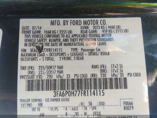 Ford FUSION SE 2015 3FA6P0H77FR114115 Image 10