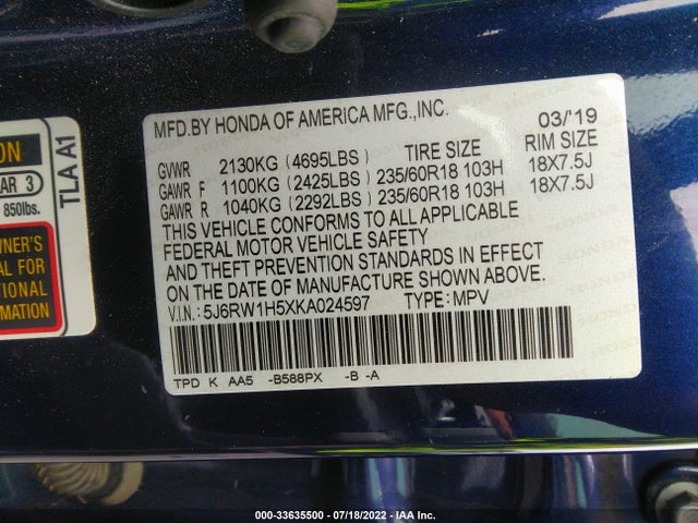 Honda CR-V EX 2019 5J6RW1H5XKA024597 Image 11