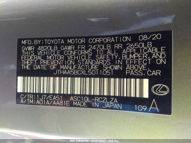 2020 Lexus RC, VIN: JTHAA5BCXL5011051