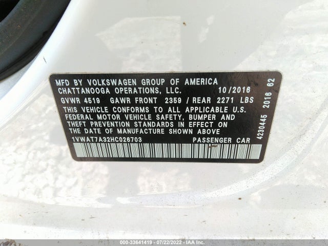 Volkswagen Passat 1.8t S 2017 1VWAT7A32HC026703 Image 9
