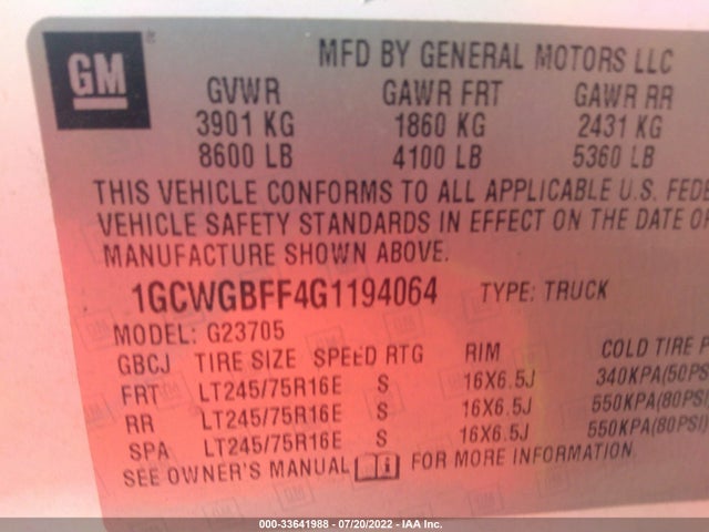 2016 Chevrolet Express, VIN: 1GCWGBFF4G1194064