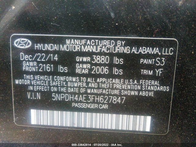 Hyundai ELANTRA SE 2015 5NPDH4AE3FH627847 Image 9