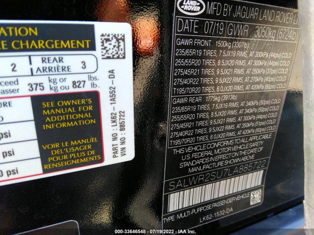 2020 Land Rover Range Rover Sport, VIN: SALWR2SU7LA885722