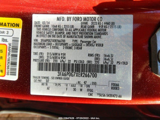 3FA6P0G7XER266700 Ford FUSION S