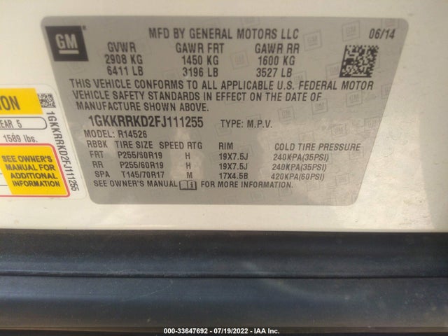 GMC ACADIA SLT 2015 1GKKRRKD2FJ111255 Image 9