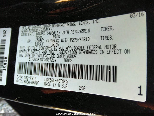 2016 TOYOTA TUNDRA 4WD TRUCK SR5/TRD PRO VIN: 5TFDY5F18GX539264