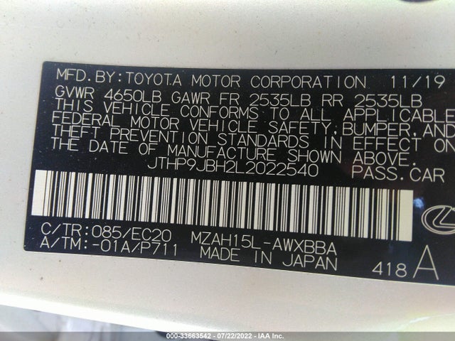 2020 Lexus UX, VIN: JTHP9JBH2L2022540