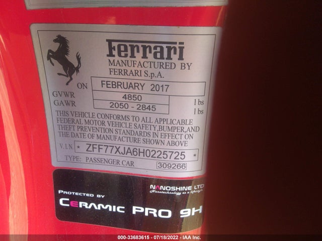 2017 Ferrari California, VIN: ZFF77XJA6H0225725