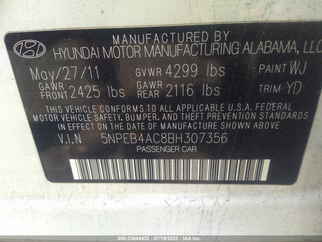 2011 HYUNDAI SONATA GLS PZEV VIN: 5NPEB4AC8BH307356