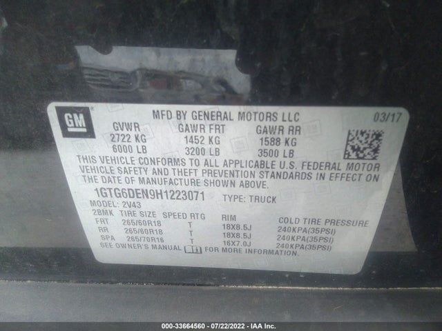 2017 GMC Canyon, VIN: 1GTG6DEN9H1223071