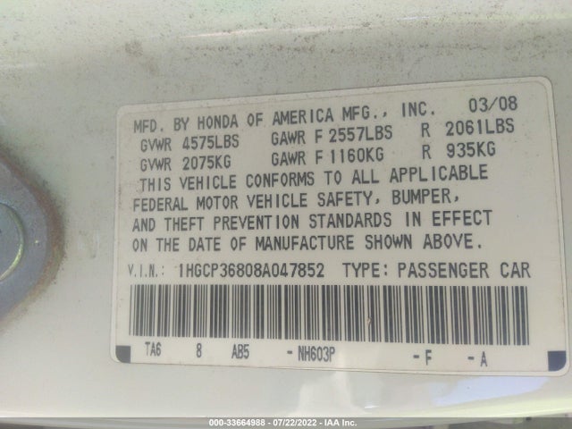 2008 HONDA ACCORD SDN EX-L VIN: 1HGCP36808A047852