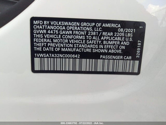 2022 Volkswagen Passat, VIN: 1VWSA7A32NC000642