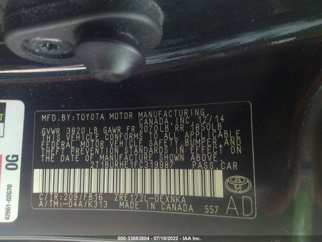 2015 TOYOTA COROLLA L/LE/S/S PLUS/LE PLUS VIN: 2T1BURHE1FC319987